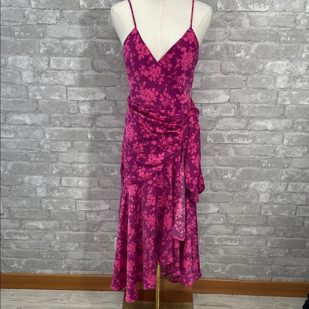 Buckle Dee Elly Elegant Asymmetrical Floral Wrap Dress in Pink